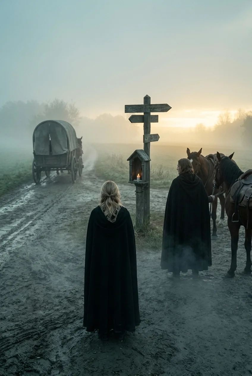 Świt na rozstaju we mgle. Kryty wóz mnichów odjeżdża lewą drogą i na wpół znika we mgle. Na pierwszym planie, tyłem, kobieta w czarnym płaszczu z jasnymi włosami patrzy za wozem; obok mężczyzna w kapturze trzyma dwa osiodłane konie. Pierwsze złoto wschodu.